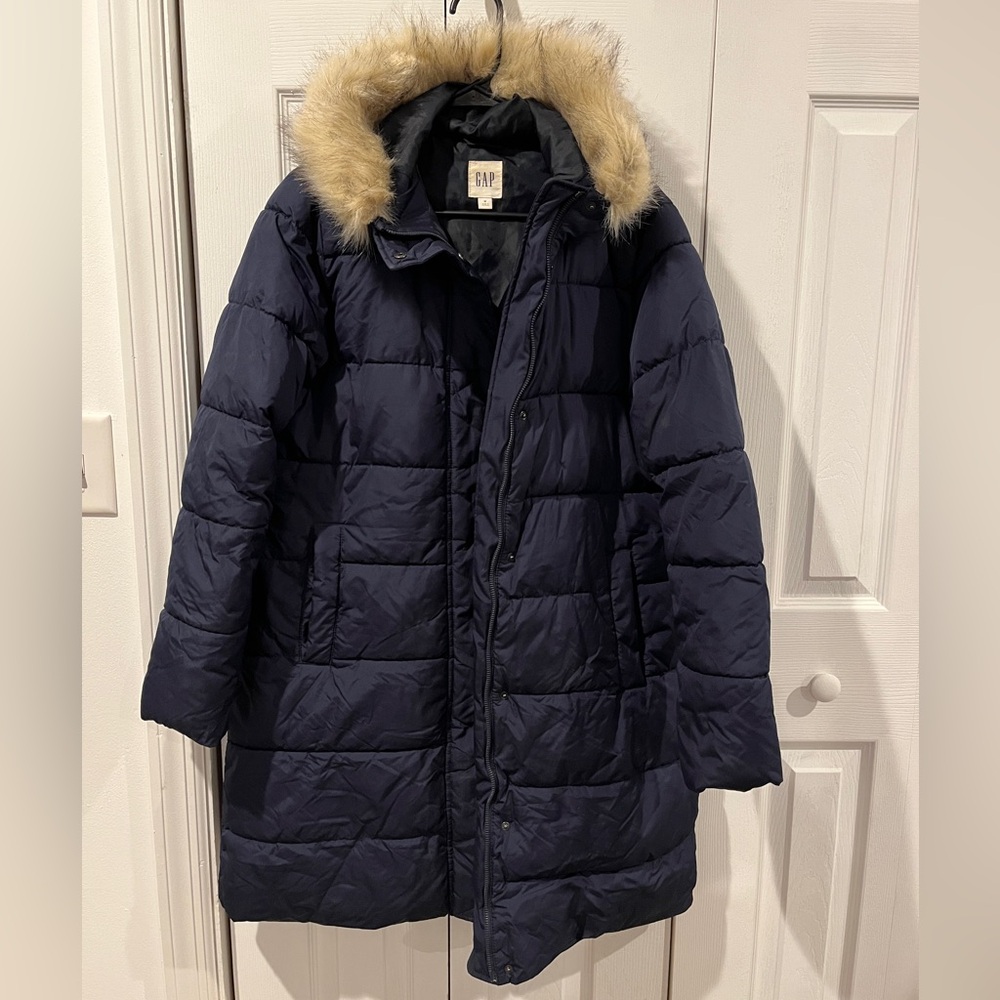 GAP Navy Puffer Coat with Faux Fur Hood